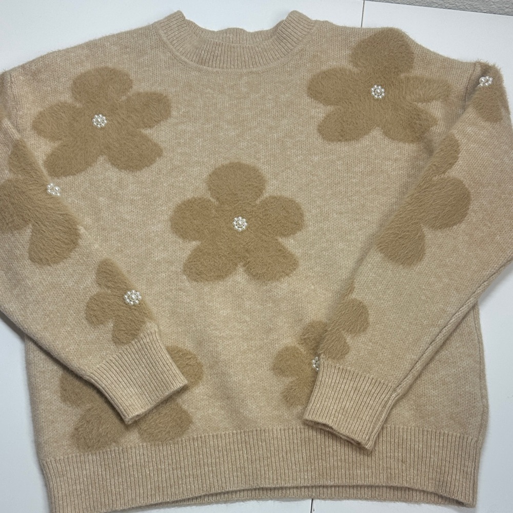Nanette Lepore Eyelash Retro Pearl Cream Floral Crew Neck Sweater Small